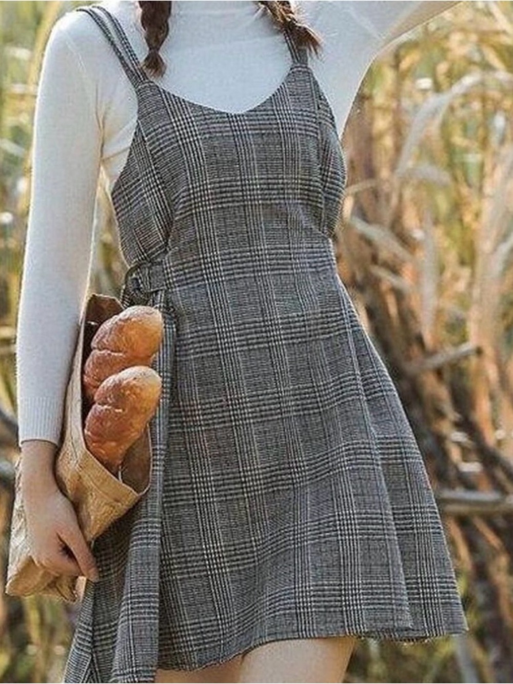 Korean Style Houndstooth Glen Plaid Mini Pinafore Dress Size M